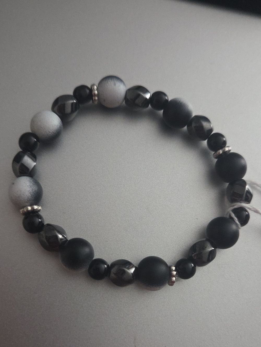 Matte Black & Silver Beaded Stretch Bracelet